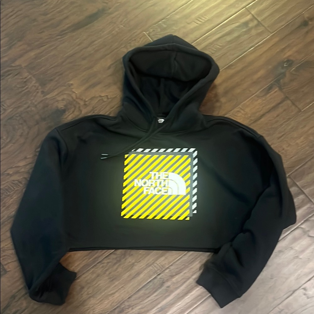 The North Face Black Cropped Hoodie with Yellow Graphic EUC